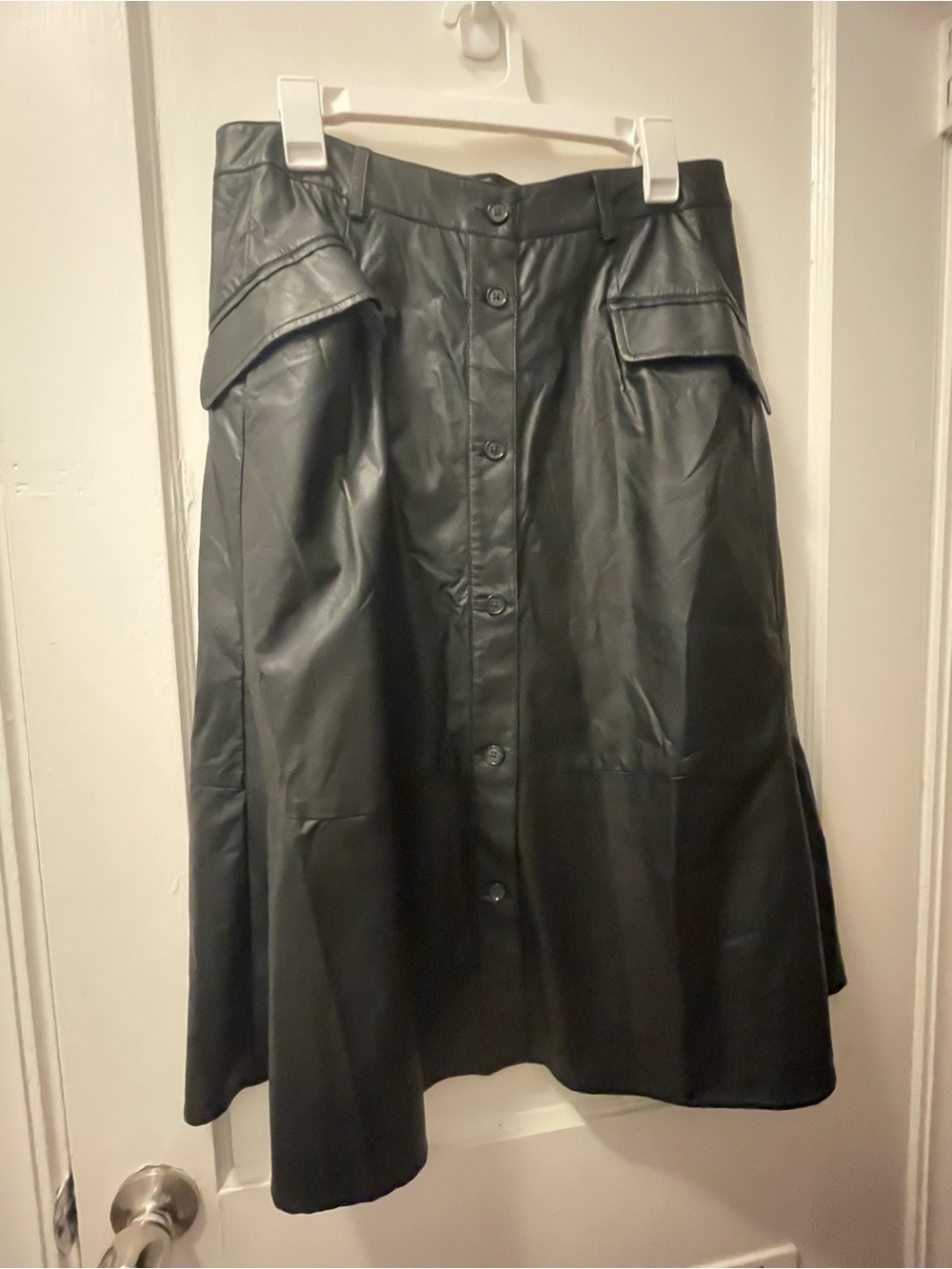 Banana Republic Black Faux-Leather A-Line Skirt with Flap Pockets
